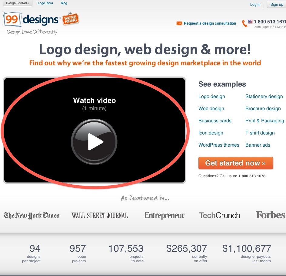 99design.com website with video on homepage