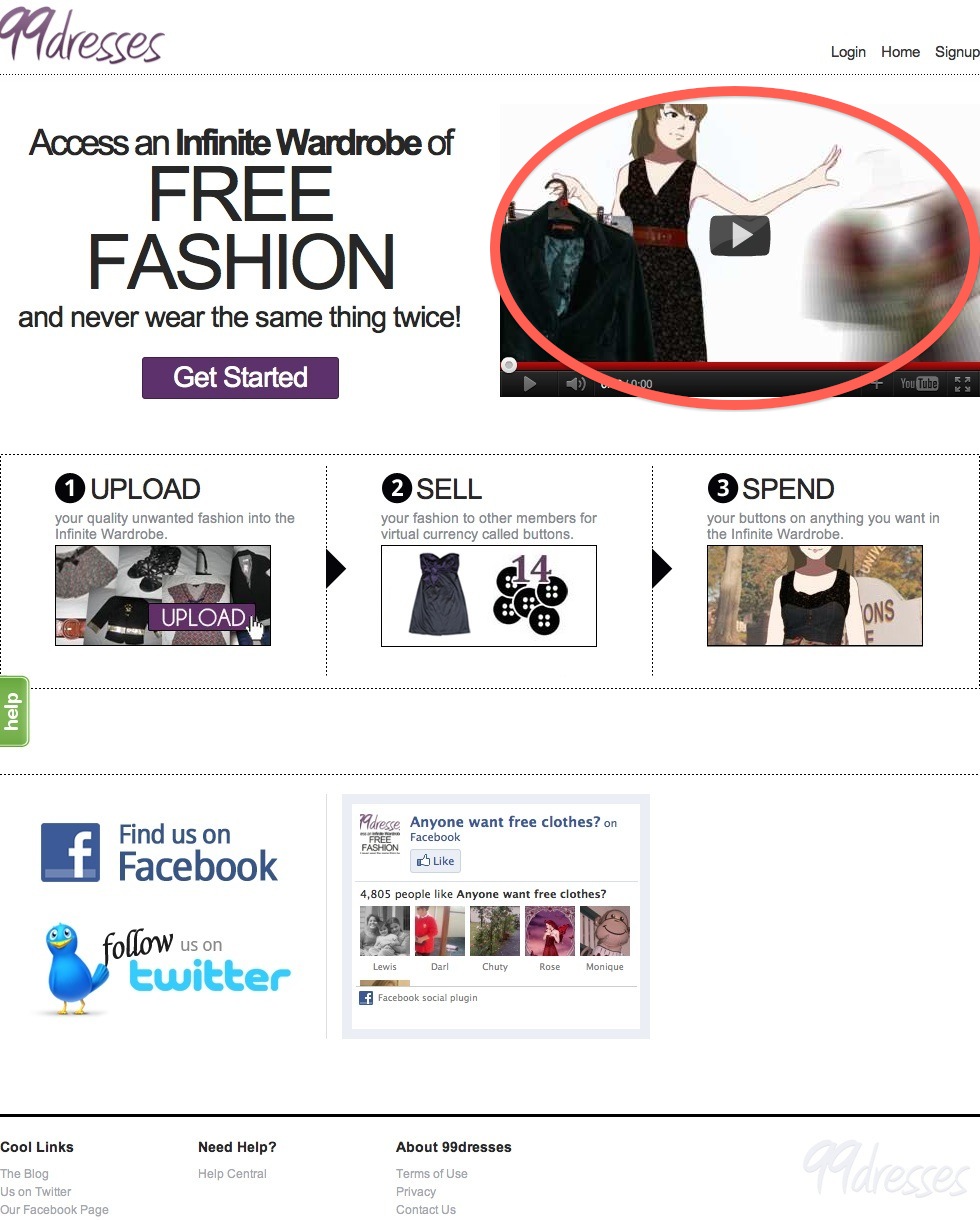 99dresses.com website with video on homepage