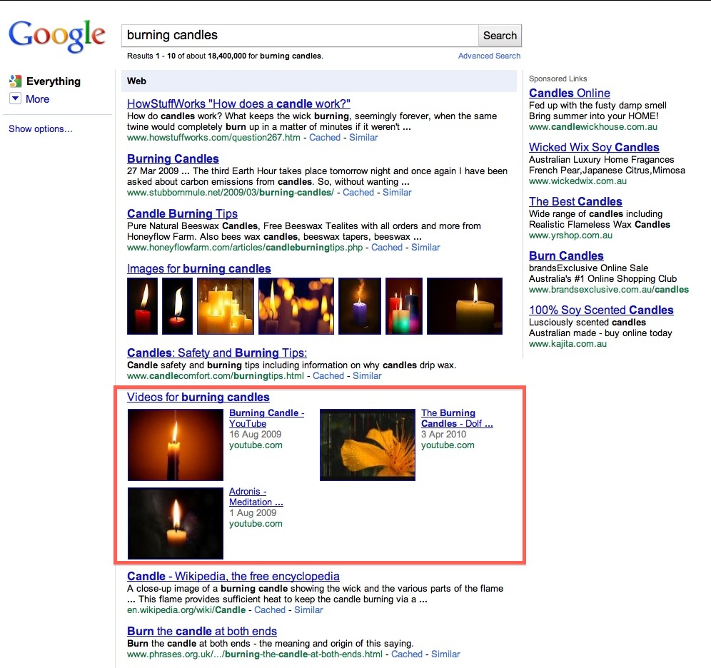 google search results for candles search