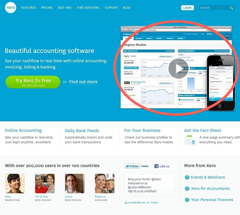 Xero.com website with video on homepage